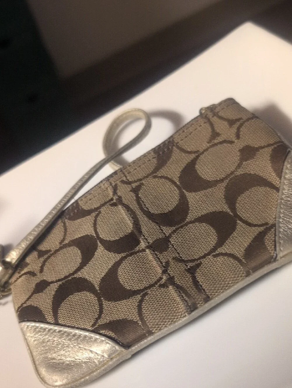 VTG Coach Brown Signature Canvas Wristlet with Metallic Gold Accents